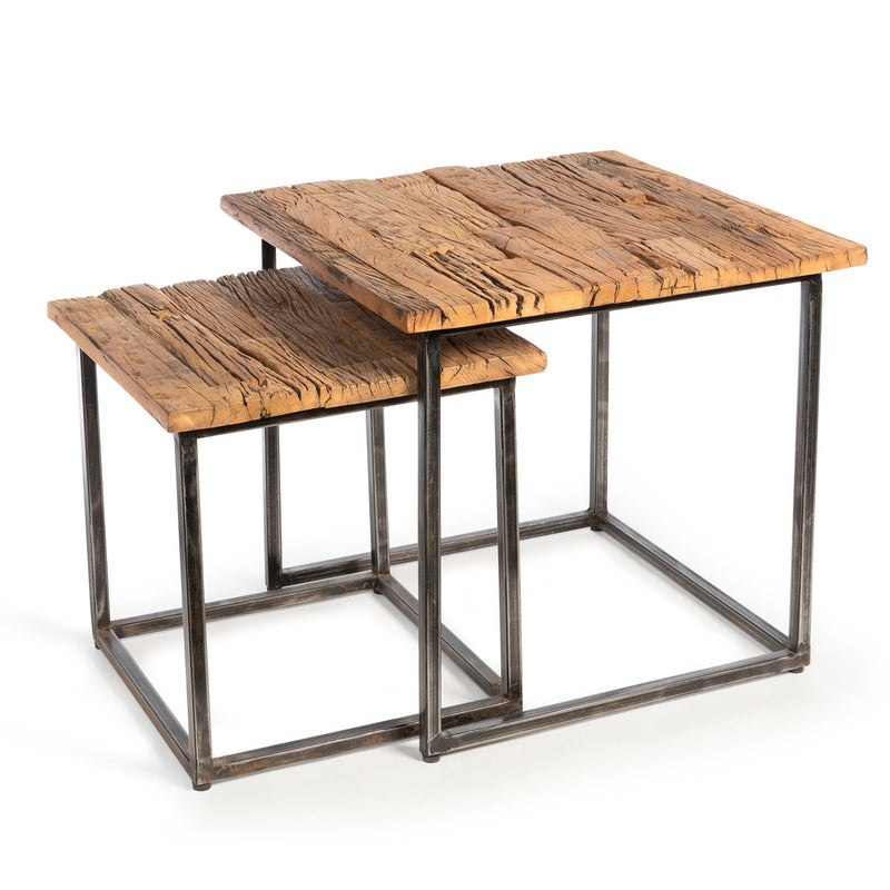 Railway Wood and Iron Nested Side Tables, Set of 2 L055
