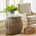 Round Rattan Side Table with Wood Teak Top L008