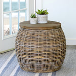 Round Rattan Side Table with Wood Teak Top L008