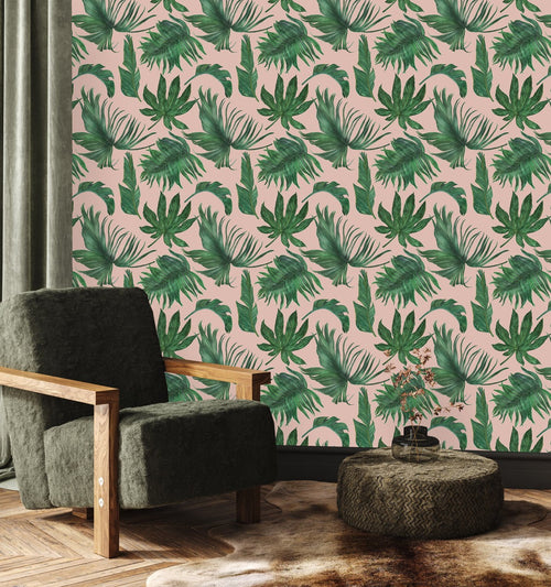 Beige Wallpaper with Green Leaves