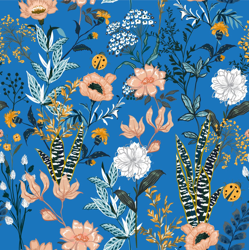 Blue Wallpaper with Flowers and Ladybugs