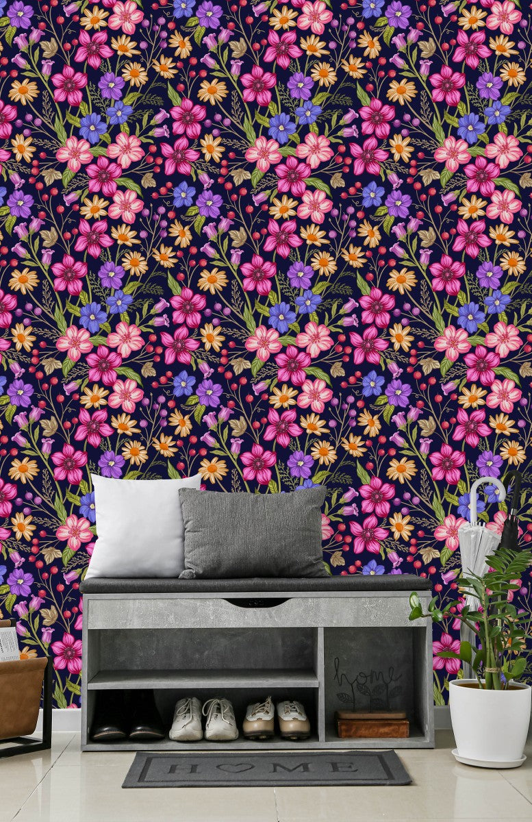 Chamomile and Berries on Dark Background Wallpaper