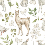 White Wallpaper with Leaves and Animals