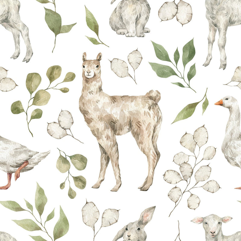 White Wallpaper with Leaves and Animals