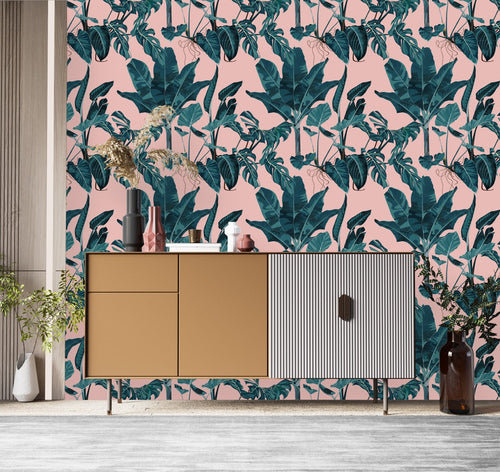Pink Wallpaper with Large Leaves