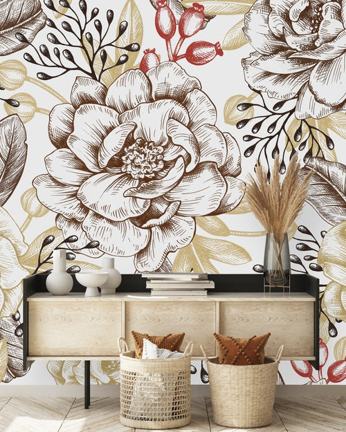 Beige Flowers and Leaves Wallpaper