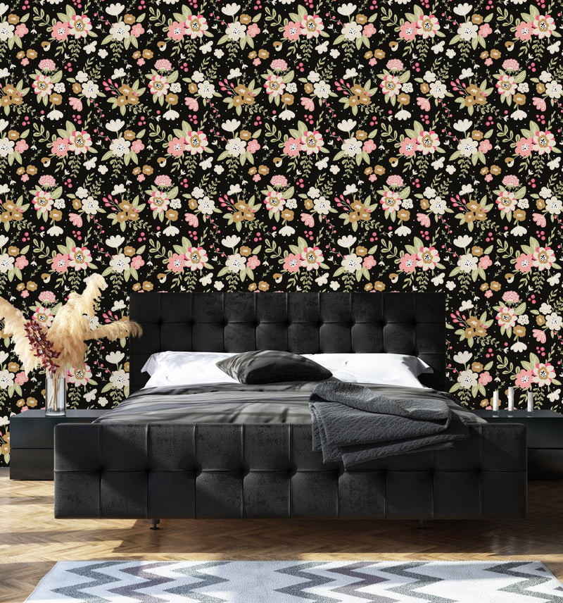 Black Floral Brightly Wallpaper