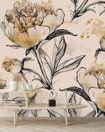 Contemporary Beige Peonies Wallpaper