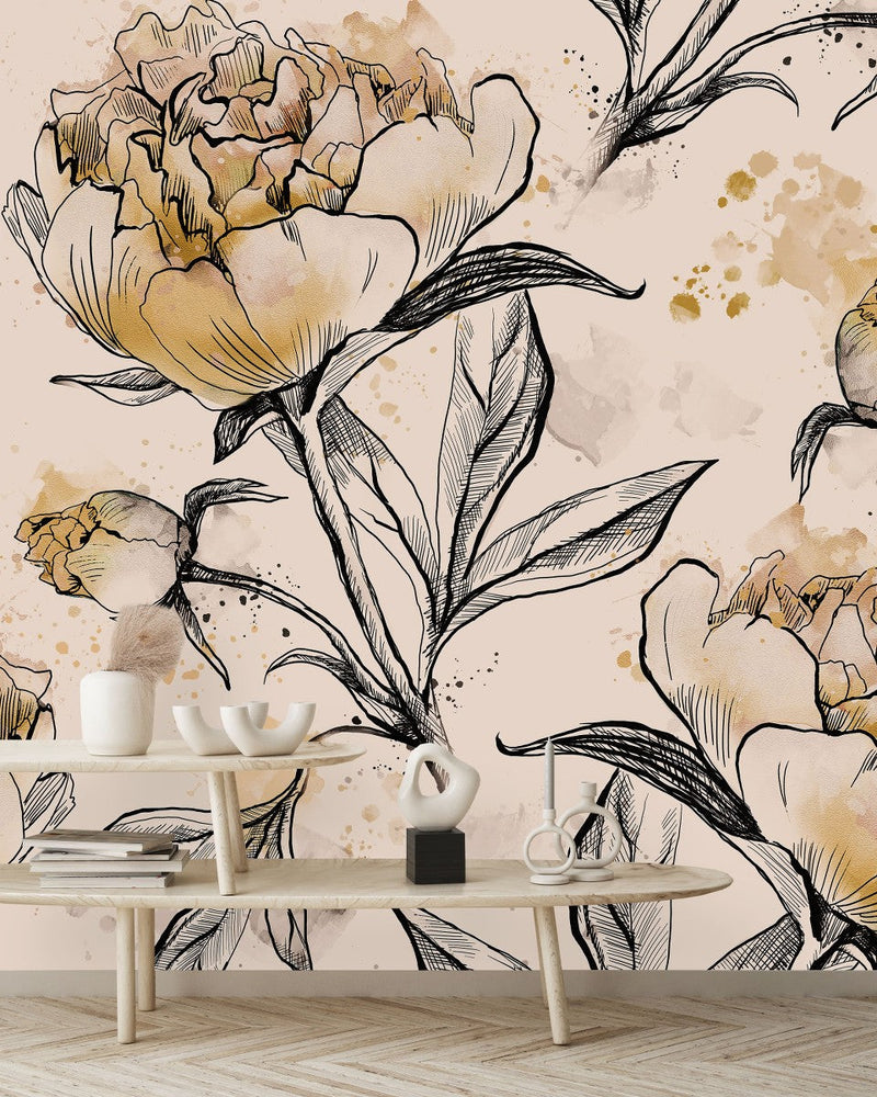 Contemporary Beige Peonies Wallpaper
