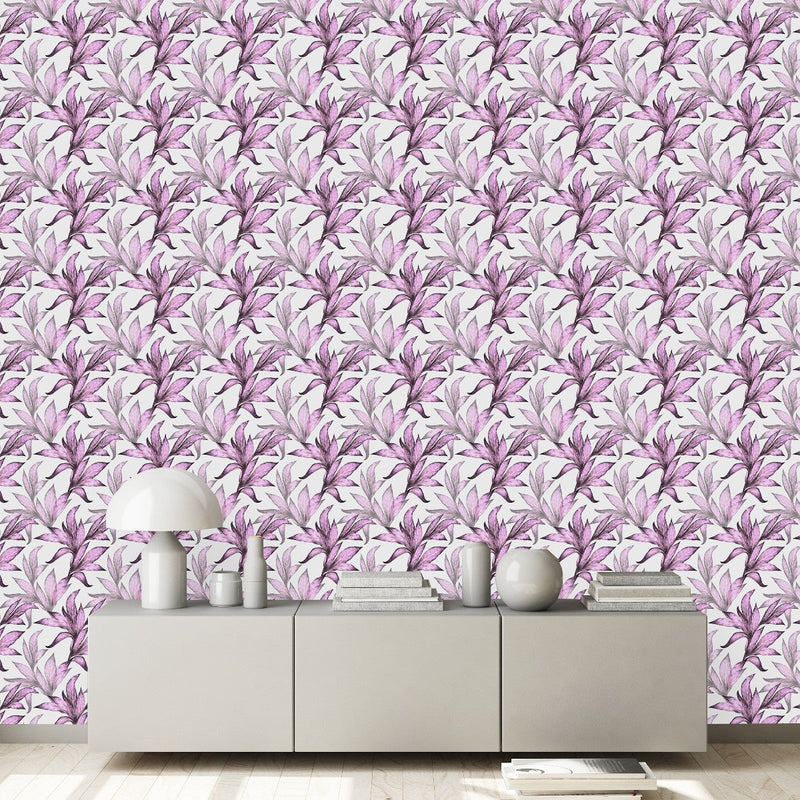 White Wallpaper with Pink Leaves