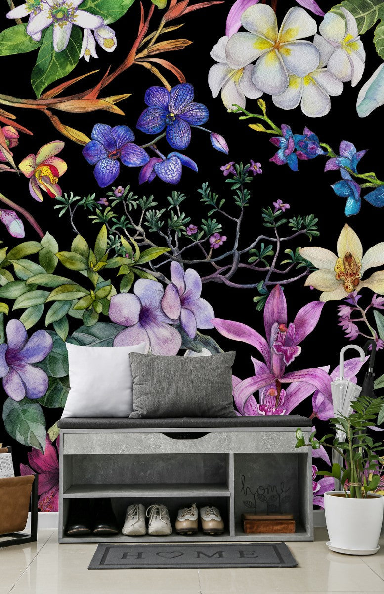 Colorful Wildflowers on Black Background Wallpaper
