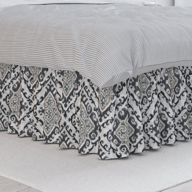 Gathered Bedskirt in Feabhra Slate Gray Diamond Medallion- Blue, Tan, Large Scale