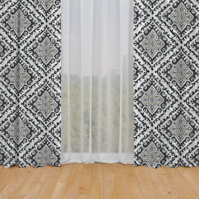 Rod Pocket Curtain Panels Pair in Feabhra Slate Gray Diamond Medallion - Blue, Tan, Large Scale