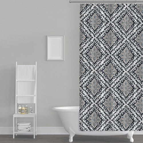 Shower Curtain in Feabhra Slate Gray Diamond Medallion - Blue, Tan, Large Scale