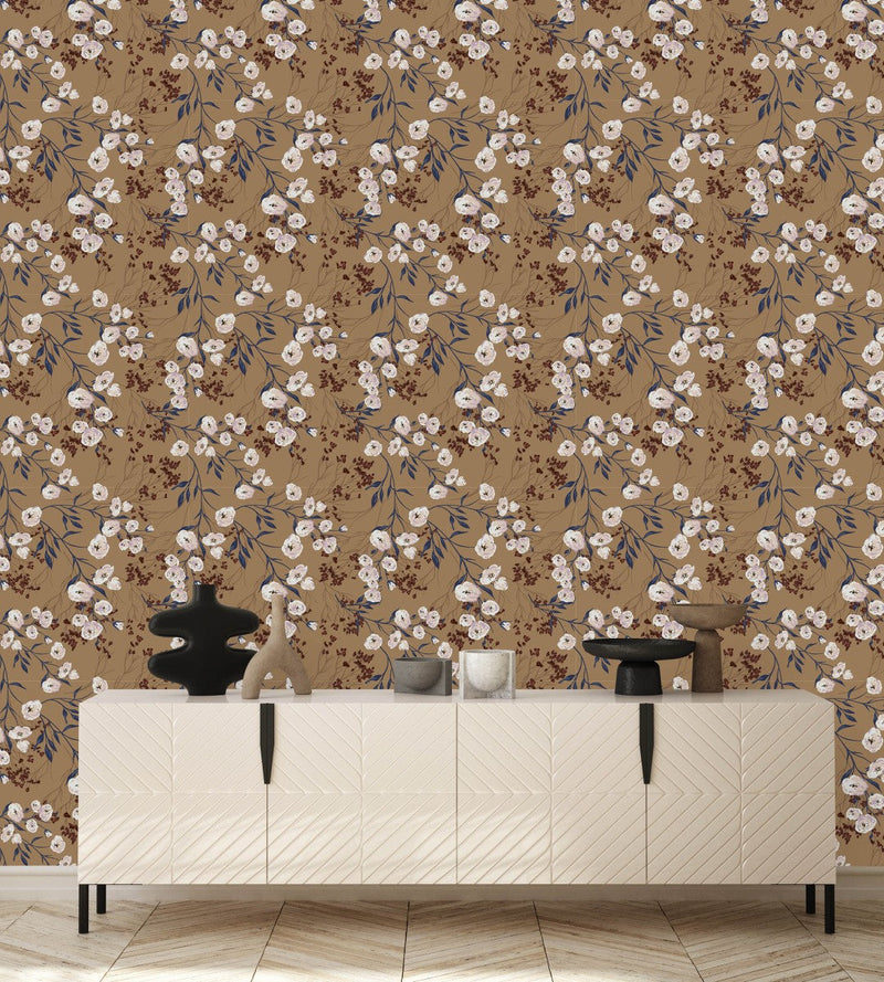 Dark Beige Wallpaper with Pink Flowers
