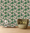 Beige Wallpaper with Green Leaves