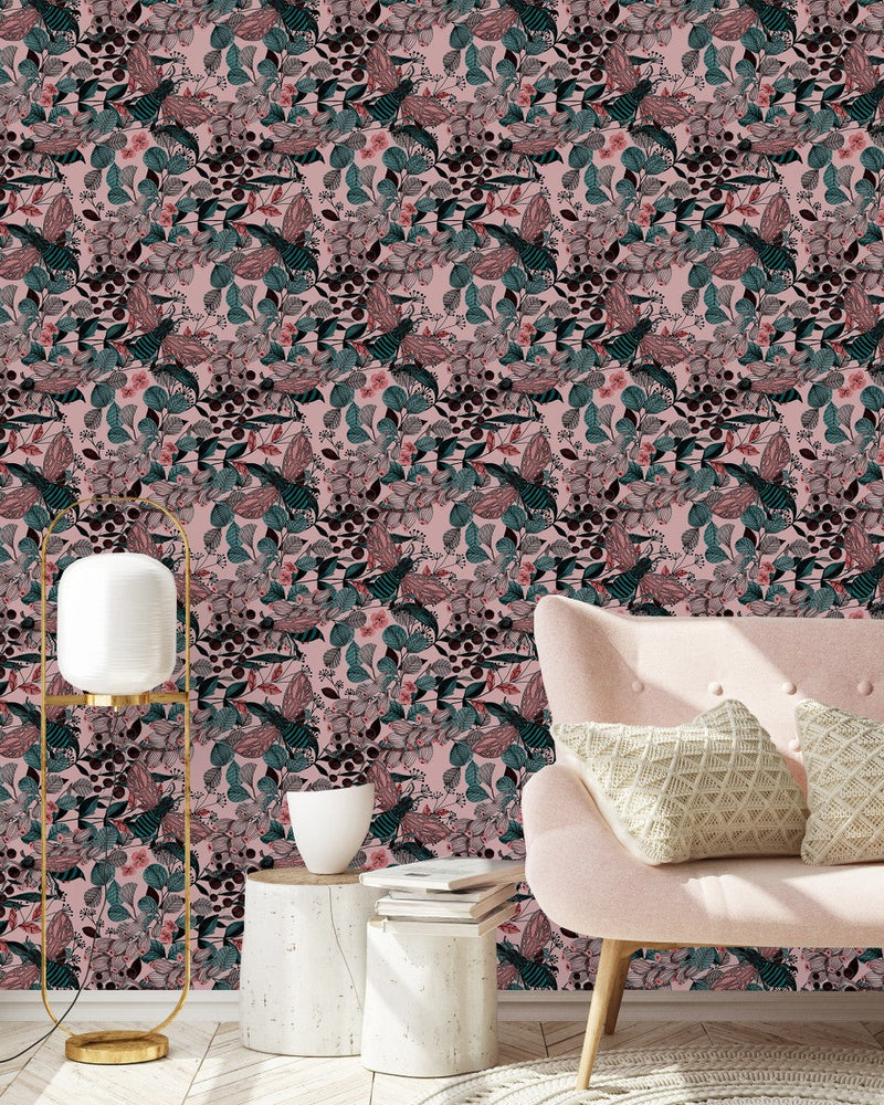 Dark Pink Wallpaper with Leaves