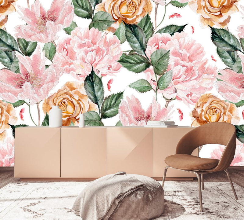 Pink and Beige Flowers Wallpaper