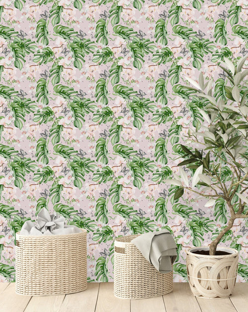 Pink Orchid with Monstera Wallpaper