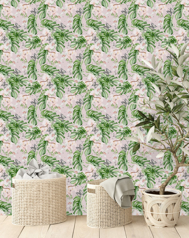 Pink Orchid with Monstera Wallpaper