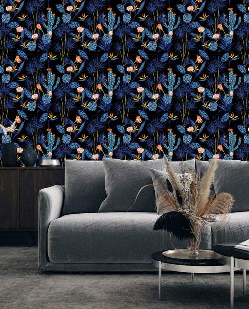 Elegant Dark Blue Cactus Wallpaper Chic
