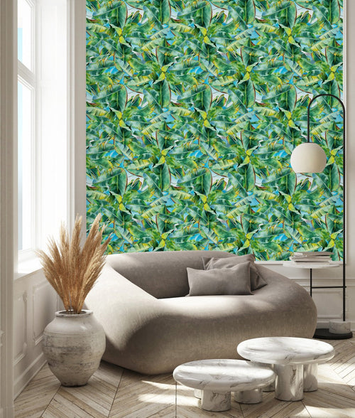 Blue Wallpaper with Green Palm Leaves