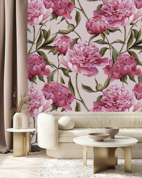 Pink Wallpaper with Pink Peonies