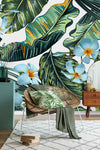 White Wallpaper with Palm Leaves and Flowers