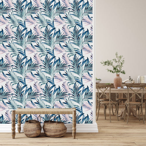 Blue and Pink Palm Leaves Wallpaper