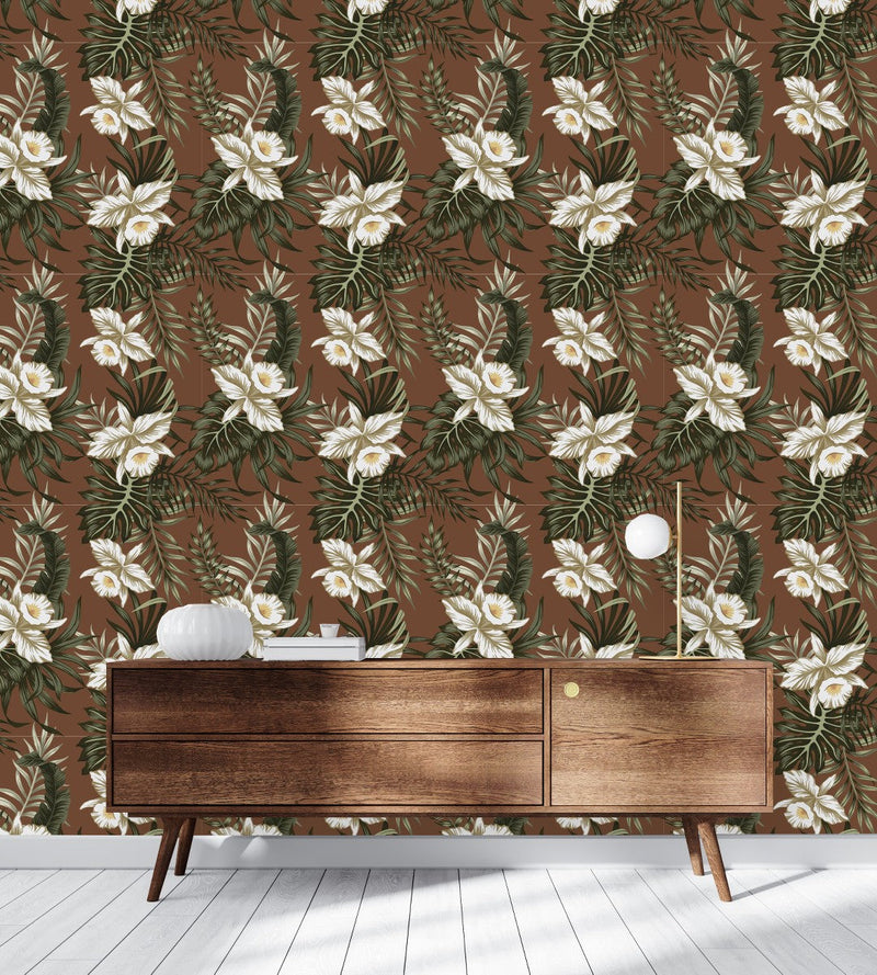 Brown Wallpaper with White Flowers
