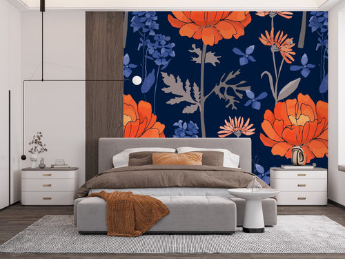 Orange Flowers on Dark Blue Wallpaper
