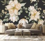 Beige Flowers on Dark Green Wallpaper