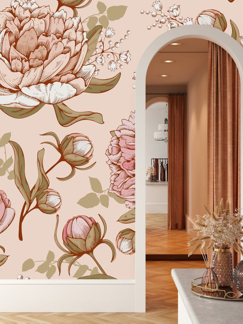 Contemporary Modern Gentle Peonies Wallpaper