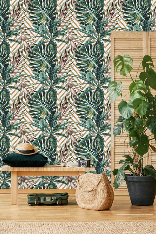Green Leaves with Gold Zig Zag Wallpaper