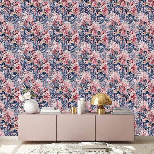 Pink Flowers and Blue Leaves Wallpaper