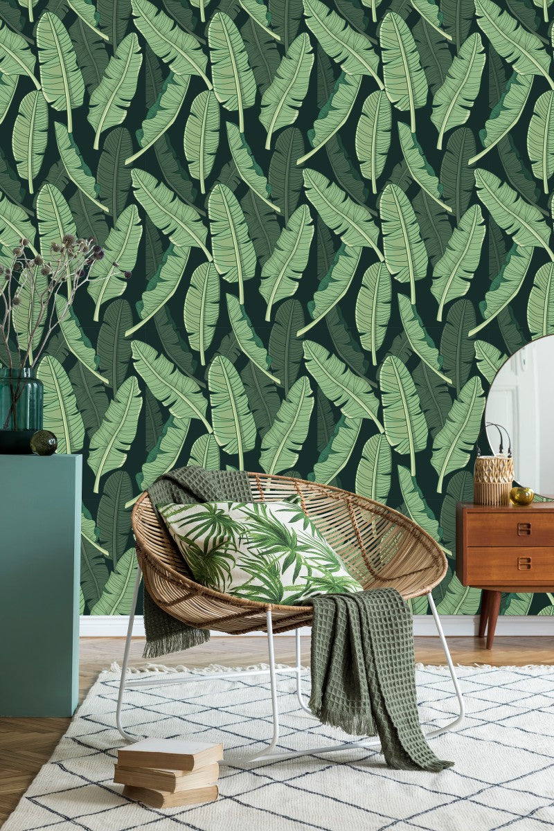 Black Wallpaper with Palm Leaves