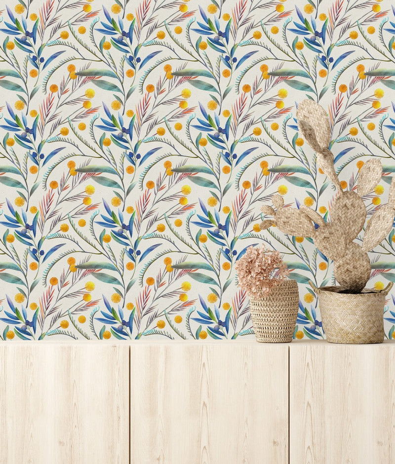 Wallpaper with Leaves and Berries