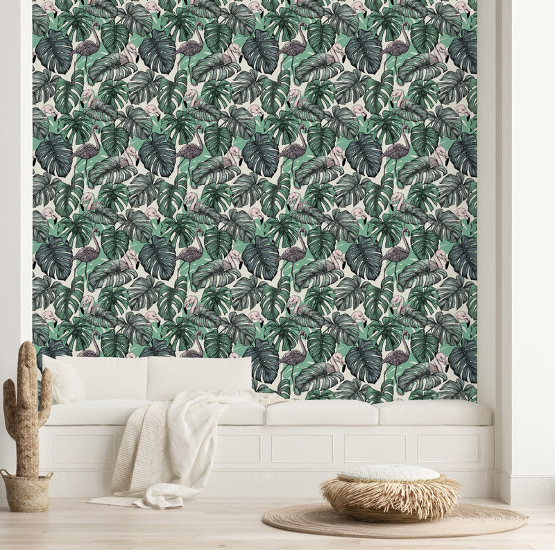 Green Monstera with Flamingos Wallpaper