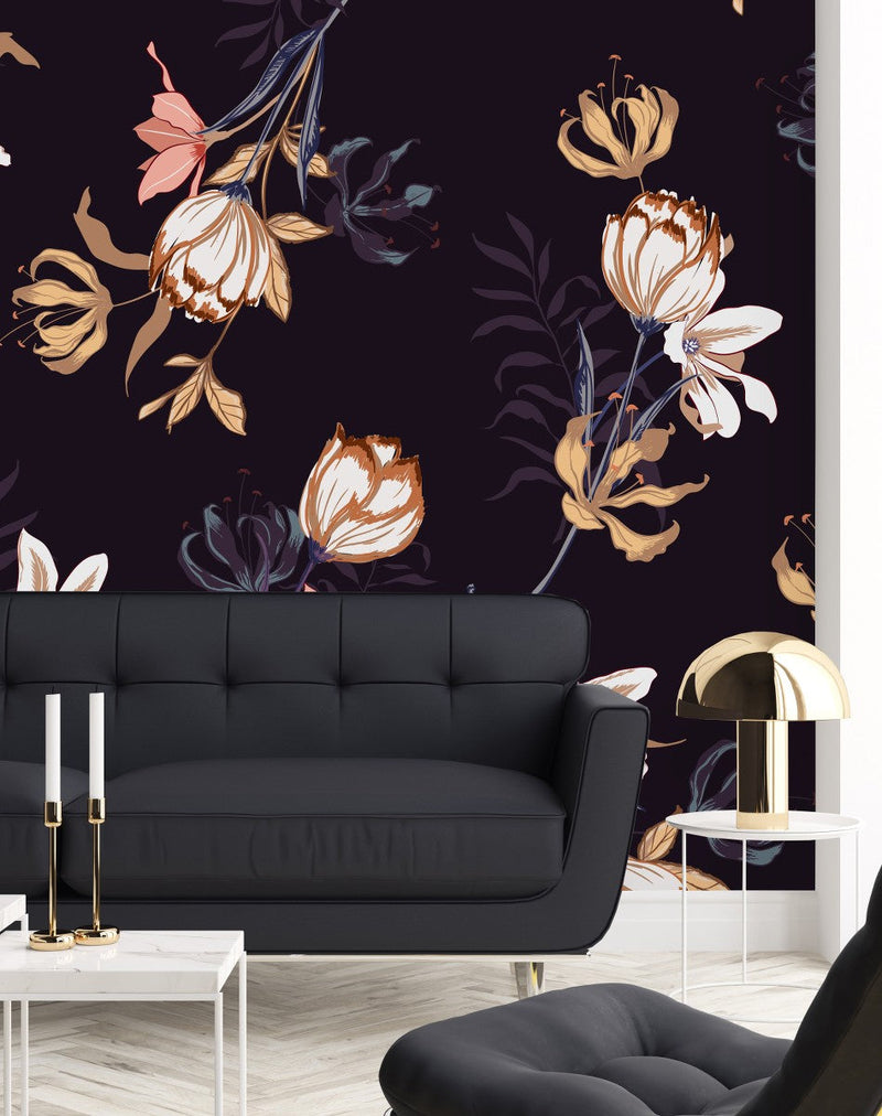 Contemporary Dark Purple Floral Wallpaper Chic