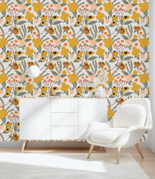 White Wallpaper with Orange Flowers
