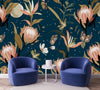 Blue Wallpaper with Exotic Flowers