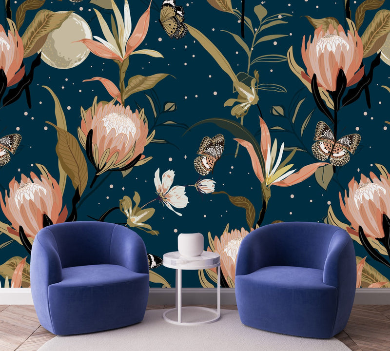 Blue Wallpaper with Exotic Flowers