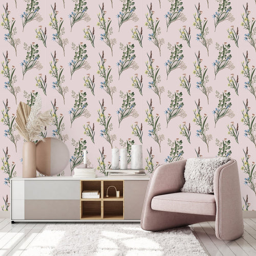 Pink Wallpaper with Meadow Flowers