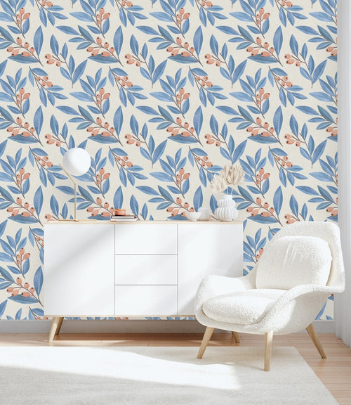 Modish Blue Leaves and Berries Wallpaper Fashionable
