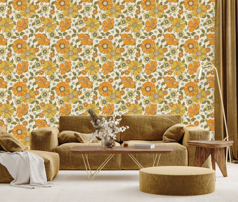 Modish Orange Floral Wallpaper Smart