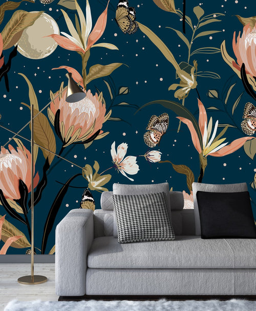 Blue Wallpaper with Exotic Flowers