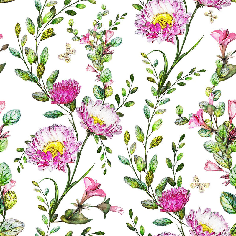 Pink Flowers on White Wallpaper