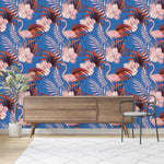 Blue Wallpaper with Pink Flamingos