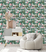 White Wallpaper with Palms and Cactus