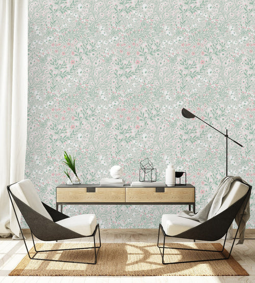Contemporary Green Wallpaper with Little Flowers